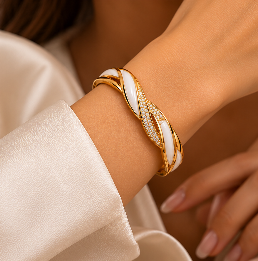 gold and white enamel bangle duo gold and white enamel bangle duo